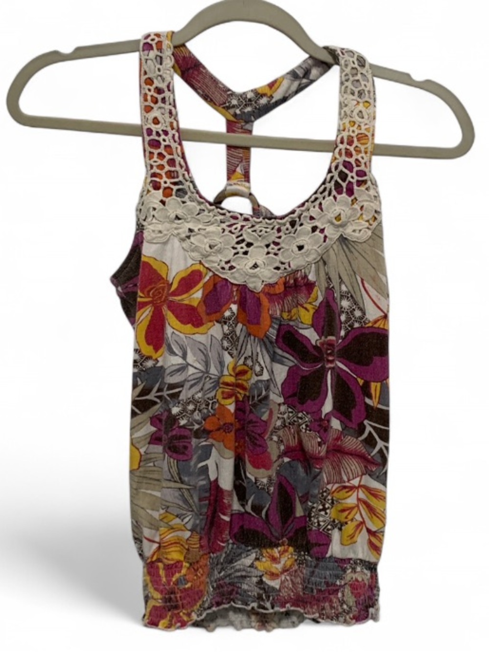 Y2K Floral Crochet-Trim Smocked Hem Tank Top